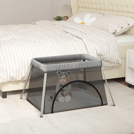 Kūdikio maniežas su čiužiniu, šviesiai pilkas, lino audinys