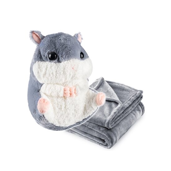 Minkštas pliušinis žiūrkėnas–pagalvėlė su paslėptu pledu