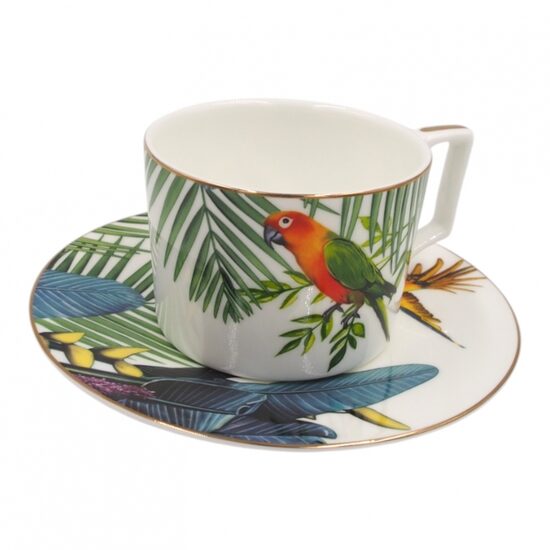 Porcelianinis puodelis su lėkštute 275 ml ,,papūgos motyvas"