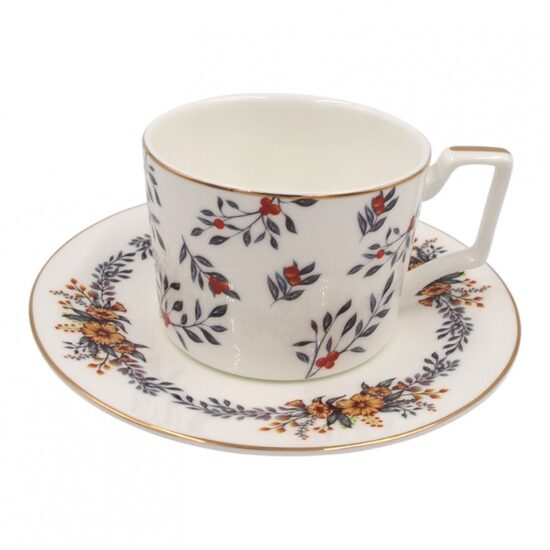 Porcelianinis puodelis su lėkštute 275 ml ,,gėlių raštas"