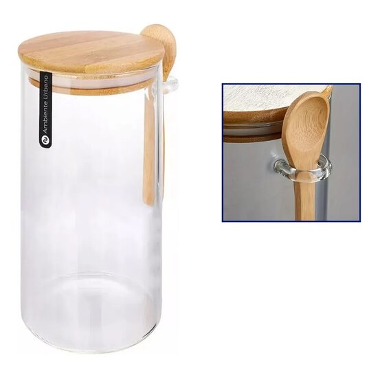 Stiklinis indas su mediniu dangteliu