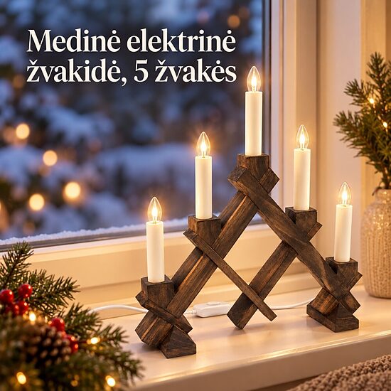 Medinė elektrinė žvakidė 5 žvakių 40 × 30 cm