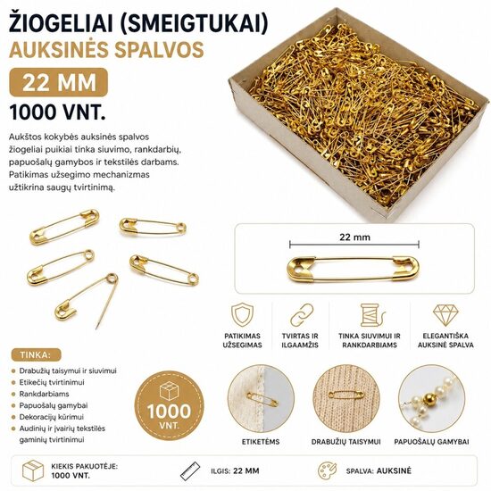 Žiogeliai (smeigtukai) auksinės spalvos 22 mm 1000 vnt.